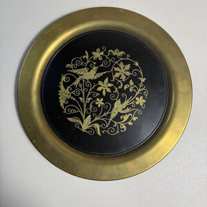 Vintage 10” Solid Brass Decorative Plate Black & Gold Birds Floral Design